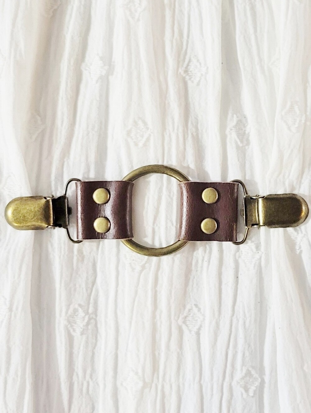 Brown Leather Bronze Tone Oring Cinch Clip DIY Tailoring. New & Handmade